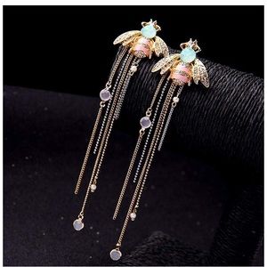 Bee Dangle Earrings with Chain Fringe